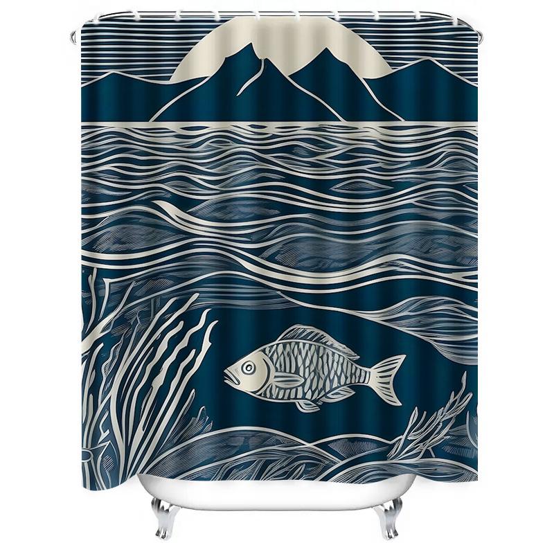 Modern Artistic Blue and White Fish and Mountain Pattern Waterproof Shower Curtain for Stylish Bathroom Decor, Easy Instal