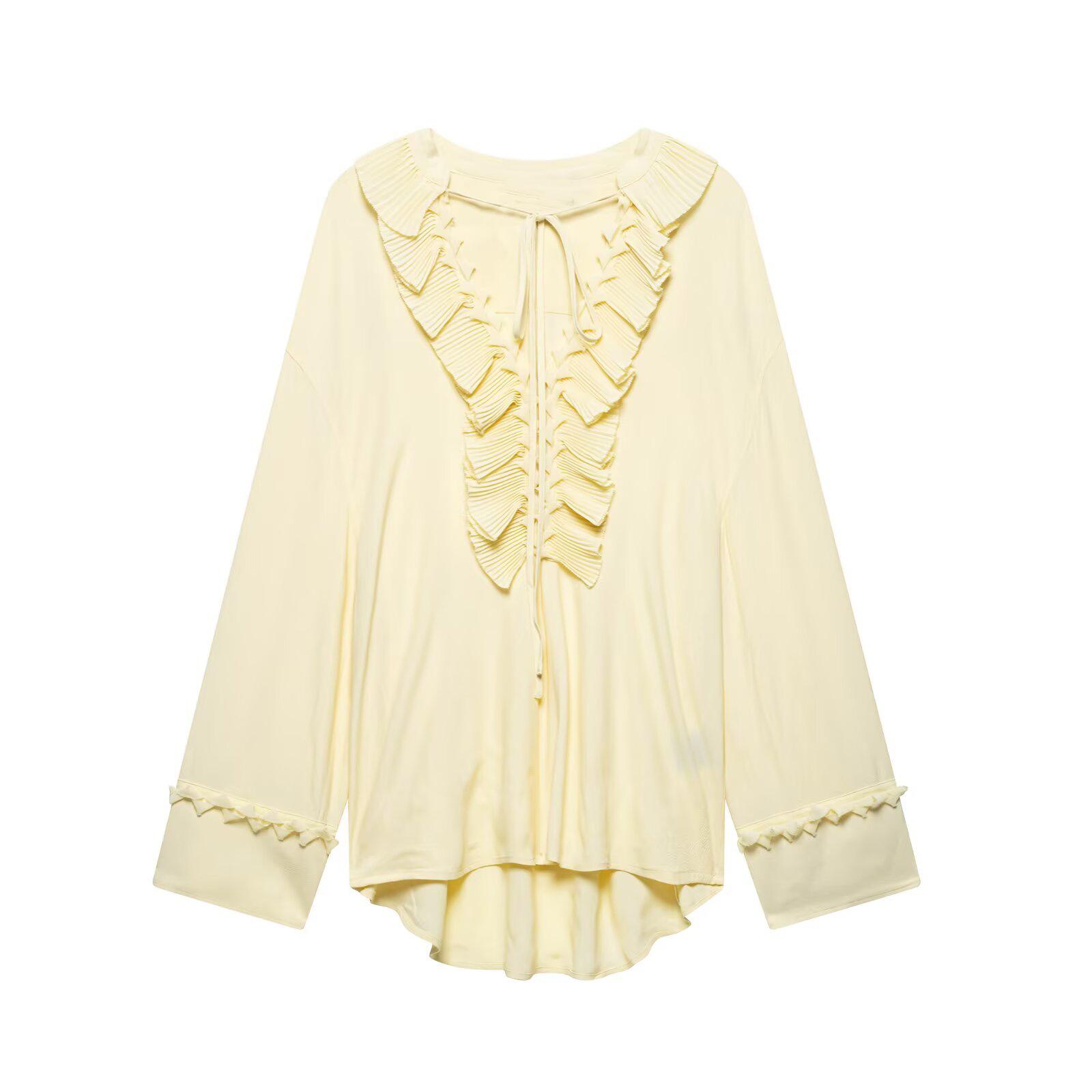 European and American women s spring/summer bestseller: comfortable casual versatile V-neck tied chiffon shirt S жёлтый