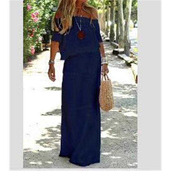 Women's Solid Color Short-sleeved One-shoulder Casual Long Dress