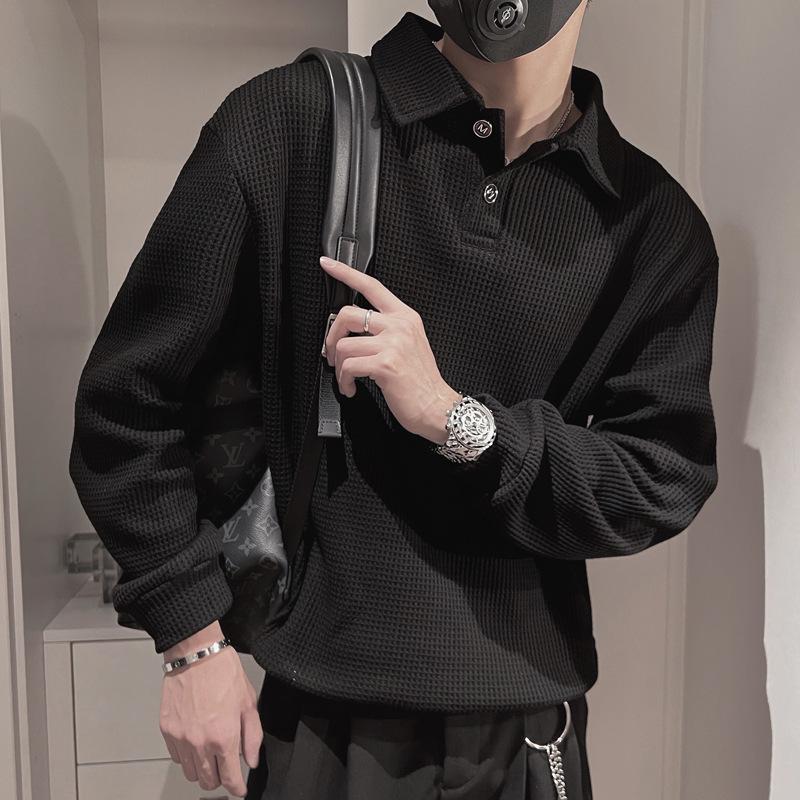 Men's White Oversized Waffle Polo - Autumn/Winter Heavyweight Turn-Down Collar Outerwear