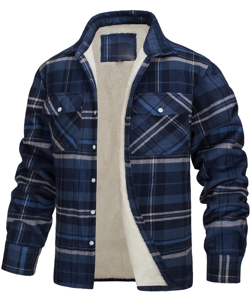 Men's 2023 Fleece-Lined Plaid Jacket - Long-Sleeve, Turn-Down Collar, Single-Breasted, Loose Fit