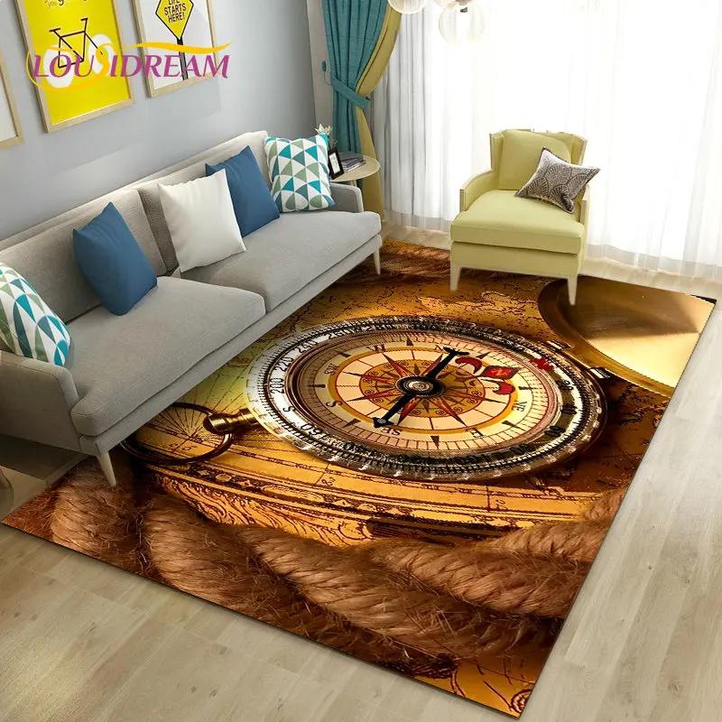 Alfombra retro con diseño de mapa del mundo vintage y brújula, para sala de estar, dormitorio, sofá, decoración, alfombra antideslizante para el suelo