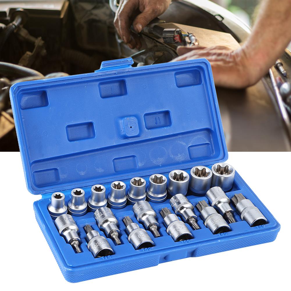 19Pcs Set 1 2in Drive Star Hex Socket Bit Kit E Type Male Female Car Repairing Tool
