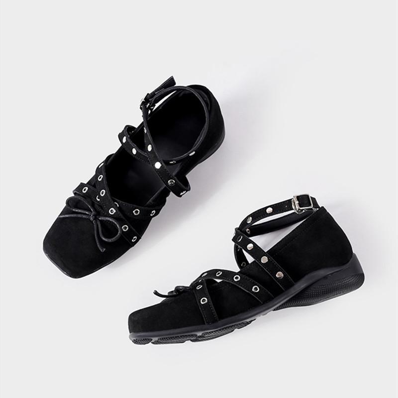 Spring Autumn Rivet Strap Buckle Faux Suede Bowknot Women Ballet Flats Mary Janes Walking Loafers Casual Girls Shoes