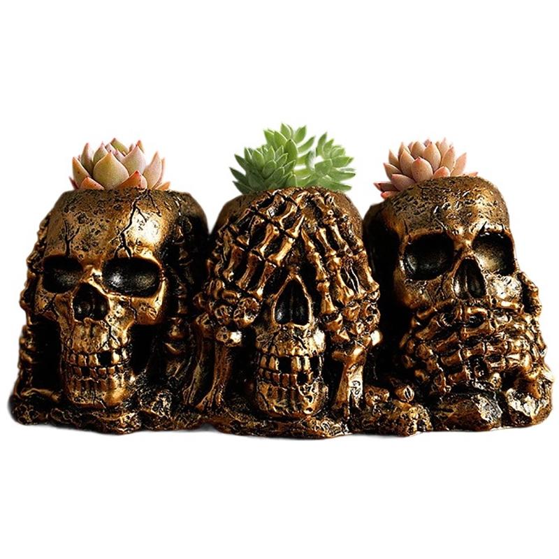 Skull Shaped Flower Pot Halloween Skull Pen Pencil Holder Skeleton Key Holder Makeup Brush Holder Home Office Desk Supplies