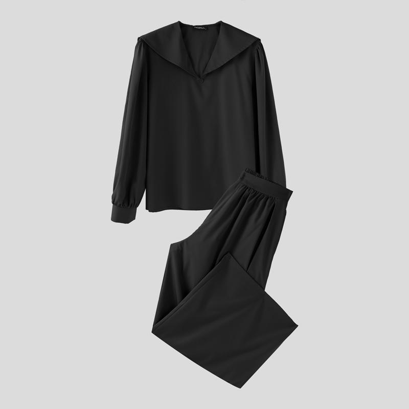 

INCERUN Мужские рубашки с матросским воротником с длинным рукавом и комплекты нарядов с длинными широкими брюками S чёрный