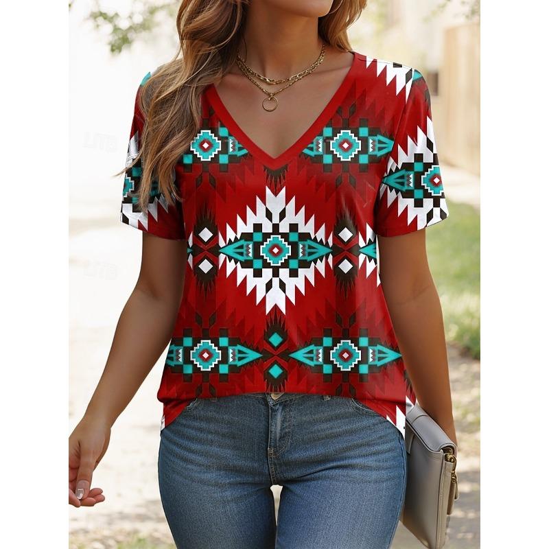 Yazlık Kadın Retro Etnik Baskılı Tişört V Yaka Kısa Kollu Sokak Günlük Üstler Aralarından Seçilebilecek Çoklu Stil ve Beden