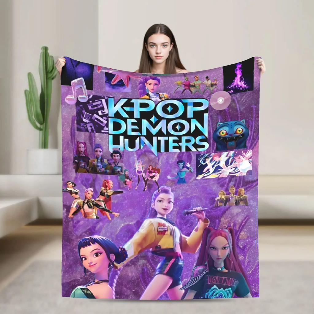 Kpop Demons Huntrix Hunters Flannel Throw Blanket Rumi Mira Joey Creative Bedspread Rug xcm Soft Cozy