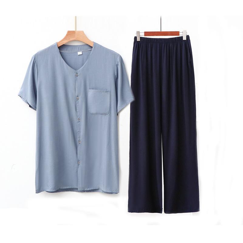Cardigan manica corta in cotone e seta pigiama da uomo per mezza età e anziani pantaloni estivi sottili in cotone artificiale loungewear da uomo