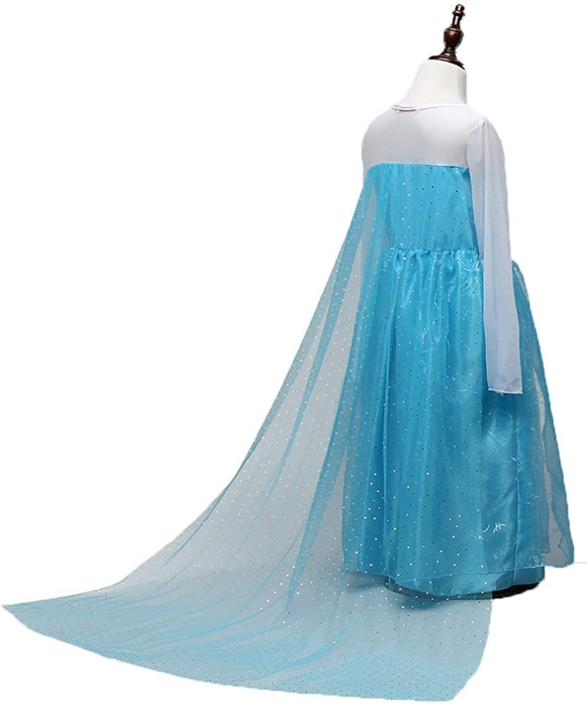 Princess Elsa Dress Costume for Luxury Ice Blue Heart Magic Braided [EKALA] Kids, 8-Piece Set, (Princess Dress, Tiara, Wand, Gloves, Necklace, Ring,