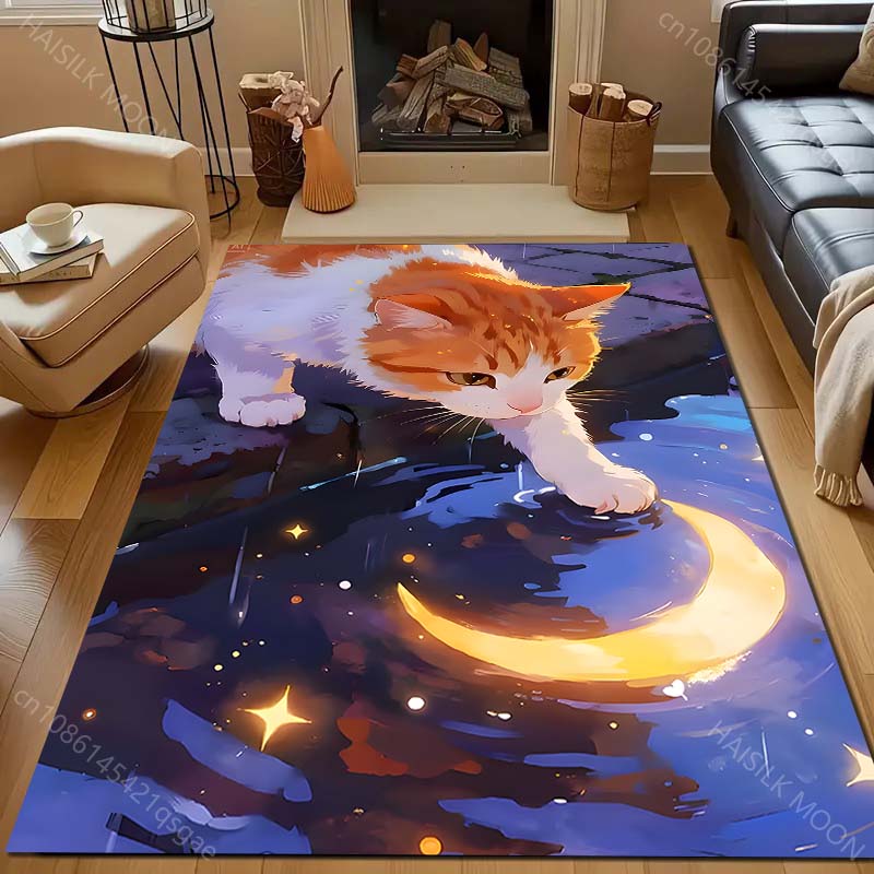 1PC Cat plays with moon reflection Carpet for Living Room Bedroom Sofa Home Decor Rus Non-slip Floor Mat Luxury Gift
