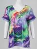 Women's Summer Fashion V Neck Print Hollow Short Sleeve Button T-Shirt Top