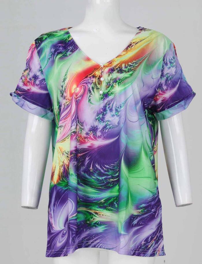 Women's Summer Fashion V Neck Print Hollow Short Sleeve Button T-Shirt Top