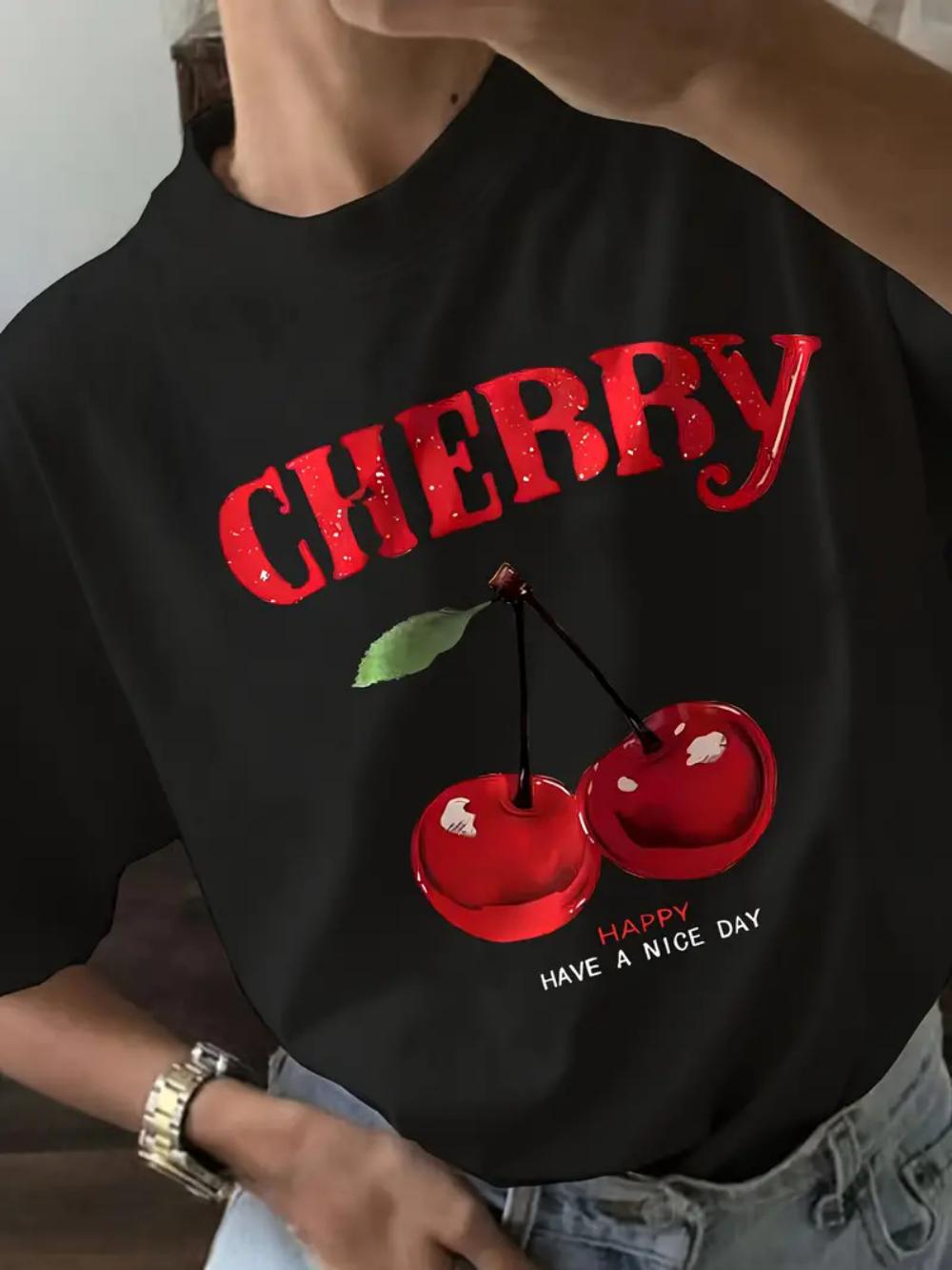 

Cherry Graphic Print Black Tshirt Fashionable Red Cherries Womens Tshirt Durable Oversize Casual Tshirt Daily Streetwear S