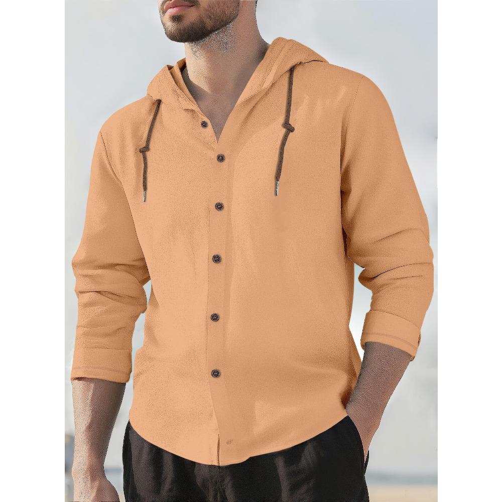 New Spring/Summer Men's Hooded T-Shirt Solid-Colour Cotton-Linen Blend Men's Casual Long-Sleeved Top