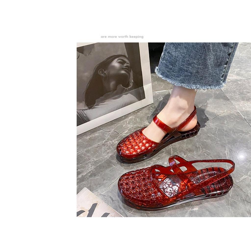 Gemstone Sparkling Jelly Mary Jane Shoes, Transparent Woven Hollow Flat Shoes, Waterproof and Non Slip, Cute Beach Pool Vacation Cooldown