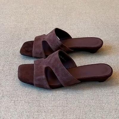 Sheepskin Version~ Simple Niche Suede Open-toed Slippers for Women's Outer Wear 2025 Summer Medium Heel Wedge Cool Slippers