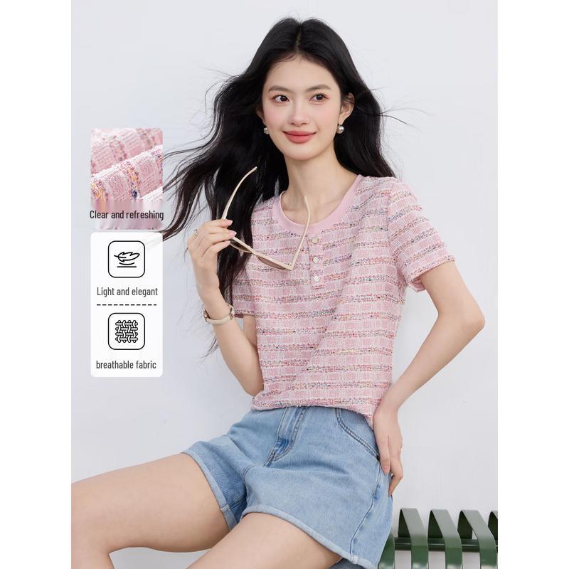 Women s Striped Colorblock Round Neck Short-Sleeve Top L