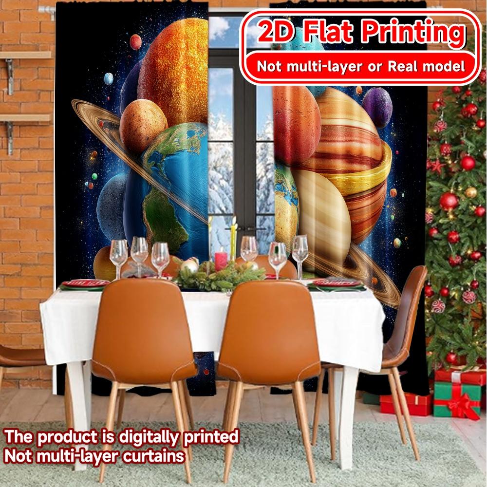 Set Of 2 Flat Printing Curtains Without Rod Celestial Planets Space Valentine Is Day Festival Creative Versatile Curtain Made Polyester