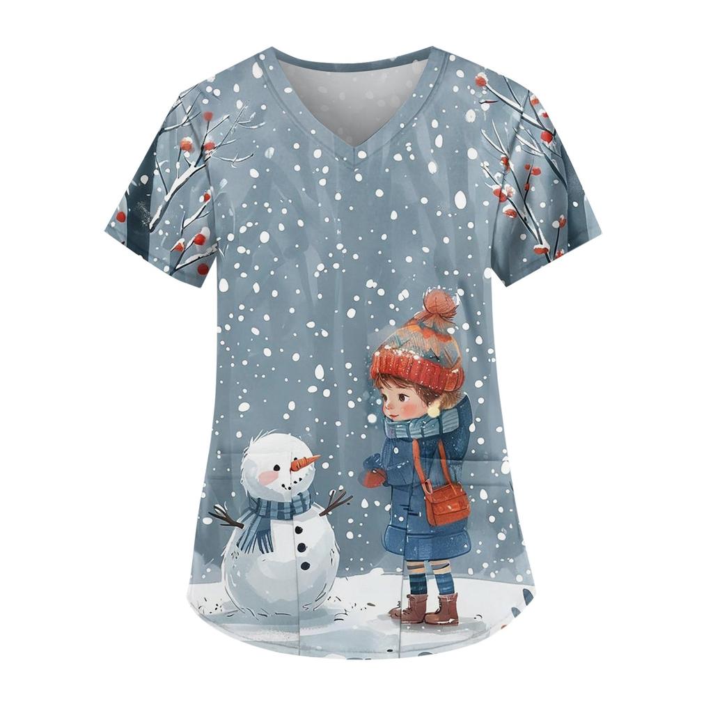 Women's Fashion V-Neck Short Sleeve Workwear With Pocket Christmas Printed Top