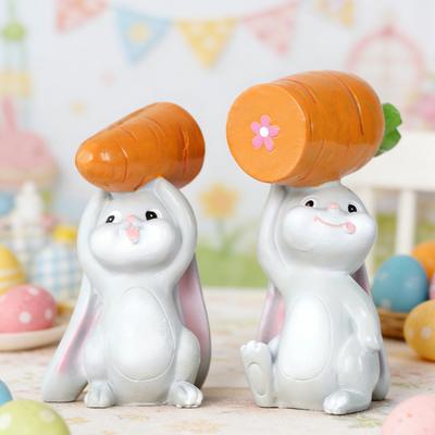 Yousheng 2Pcs Holding Carrot Rabbit Figurine Hand-Painted Carrying Radish Bunny Statue Resin Sculpture Easter Holiday Party Decoration