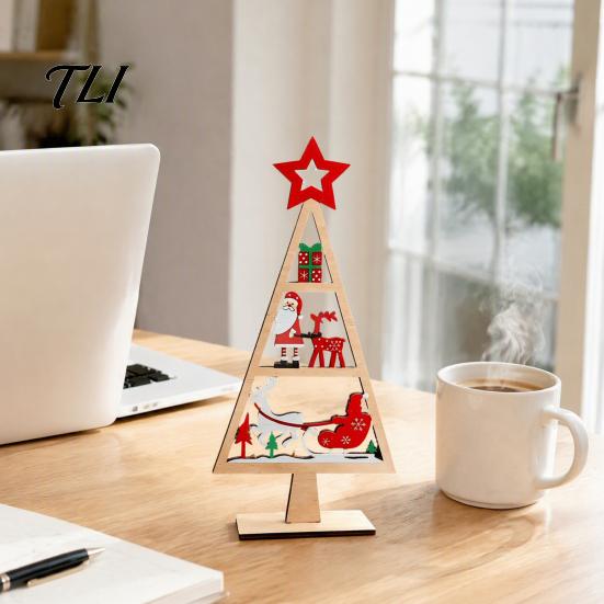 Desktop Christmas Ornament Wooden Tabletop Tree Decor, Hollow Xmas Ornament, Farmhouse Centerpiece for Holiday Party Home Decoration, Gift Handmade