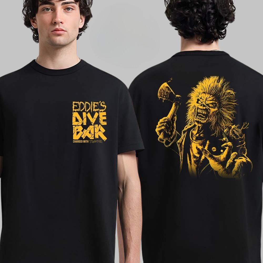 Rare Ir Maiden Eddie's Dive Bar Charged with Trooper 2026 Run for Your Lives World Tour Merch Two Sided Unisex T-Shirt