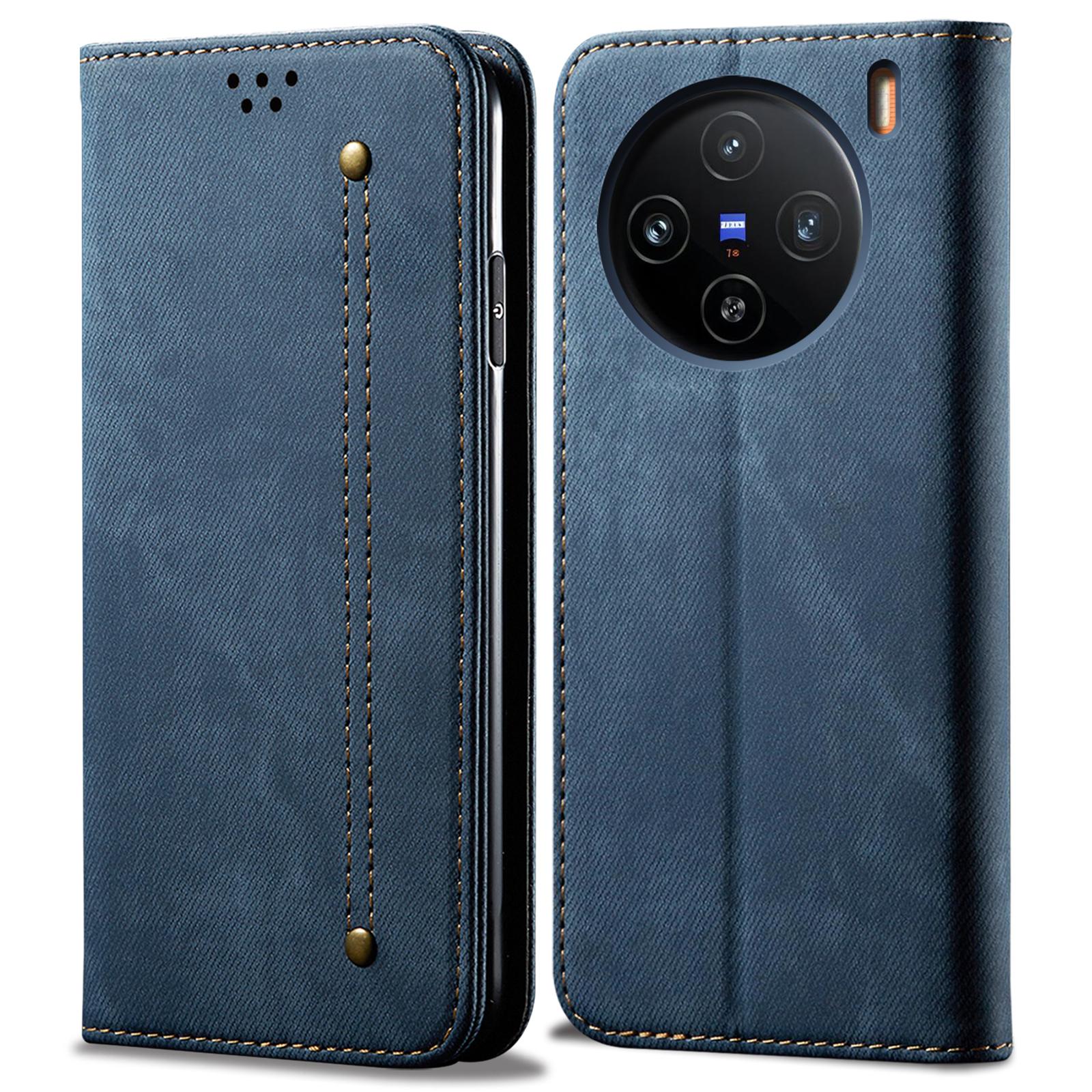 

For vivo X100 5G Cell Phone Case Jeans Cloth Texture Wallet Stand Leather Cover Blue