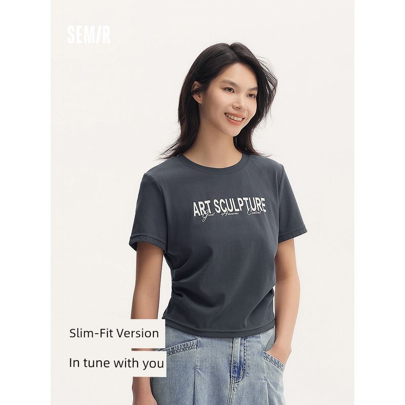 

Senma Short-Sleeved T-shirt Women s Short Silm Sneaky Design Slim Fit Slimming Pullover Trendy Summer Letter Shoulder Tops Pearl White 10212 155/80A/S