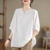 Women's Retro Cotton Linen Plus-Size Summer T-shirt with Loose Seven-Sleeve Design