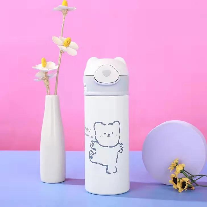 320/420ml Edelstahl Isolierflasche mit Schnappverschluss Outdoor-Komfort Studenten Strohhalm Wasserbecher Niedlicher Teddybär Kindergeschenk