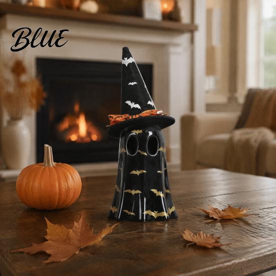 Zaubererhut Geisterstatue Leuchtend Halloween Dekoration Niedliche Gruselige Hexe Figur Harzfiguren LED Beleuchtet für Kaminsims Regal Innenbereich Haus