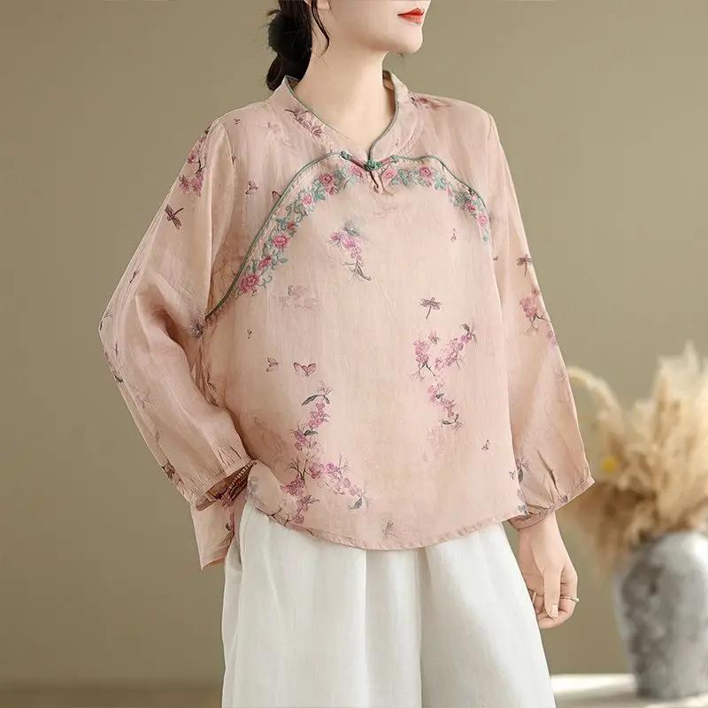 

Spring Autumn Temperament Tang Suit Zen Tea Clothes Embroidered Top New Chinese Style Cotton Linen Printed Shirt for Women L рожевий