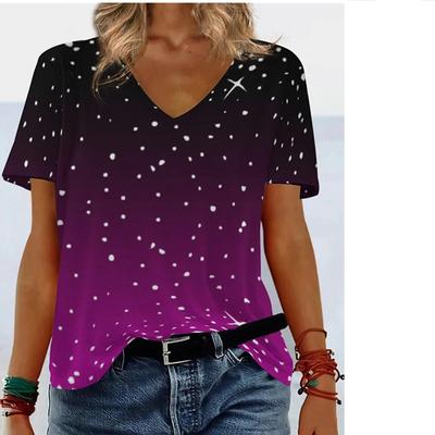 Sommer-Oberteil mit V-Ausschnitt und 3D-Farbverlaufsdruck, modisches, lässiges, kurzärmeliges Damen-T-Shirt