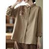 Spring and Autumn New Cotton and Linen Top Simple Literary Women's Long Sleeve Shirt Loose Versatile Flower Embroidered Shirt