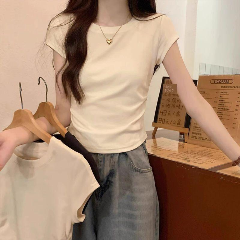 

2025 New Arrival Summer Shoulder Small Asymmetrical Short Model in White Color Short Sleeve T-Shirt Women s Top Dignified Sense of Design Apricot color XL