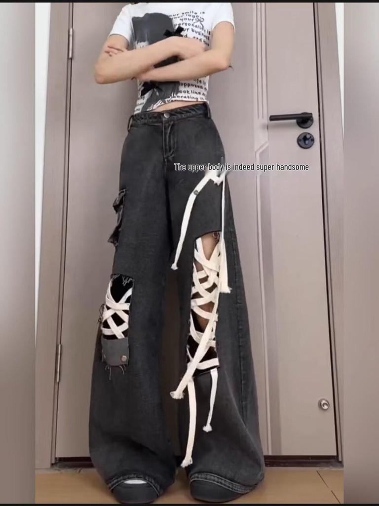 Women's Plus Size Black Lace-Up High Waist Ripped Wide Leg Jeans