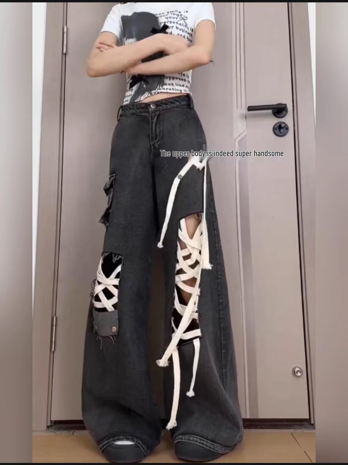 

Women s Plus Size Black Lace-Up High Waist Ripped Wide Leg Jeans M мити чорний колір