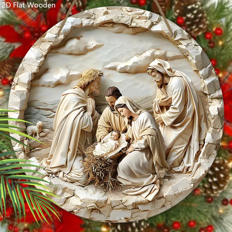 Nativity Scene Wooden Sign, The Son of God Round Sign for Front Door Wall Hanging Decor, Ideal Christmas Ornament