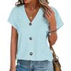 Ladies Summer Short Sleeve V Neck Button Solid Color Jacquard Pullover Hollow T Shirt Top