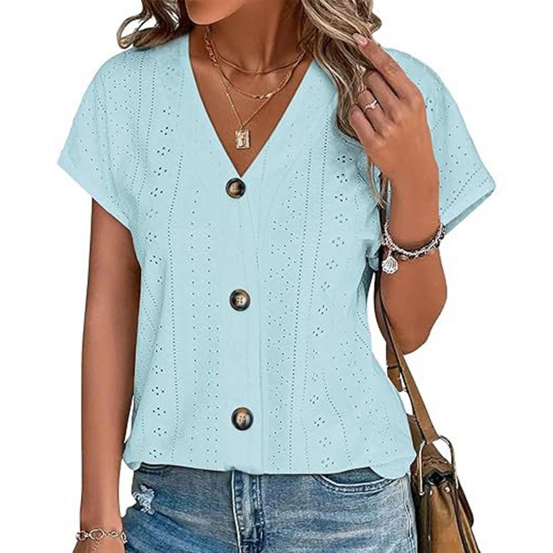 Ladies Summer Short Sleeve V Neck Button Solid Color Jacquard Pullover Hollow T Shirt Top