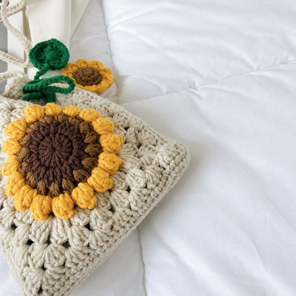Drawstring Sunflower Shoulder Bag Knitted Sunflower Knitted Bag Handwoven Knit Bag Girl Gift