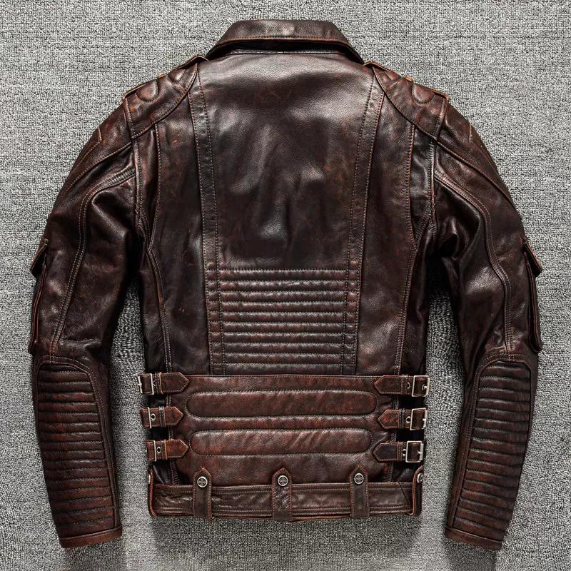 Chinese Size Men's Heavy Motorcycle Jacket Natural Cowhide Leather Top Layer Causal Vintage Retro Moto Suit Leather Coat Winter