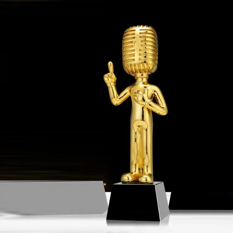 Customized Microphone Five-pointed Star Resin Trophy, Crystal Base Excellent Host Singing Talent Activity Competition Award, 1Pc