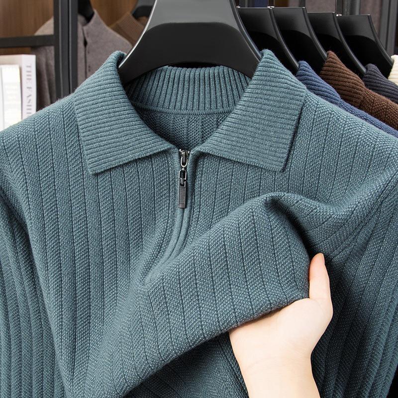 Men's Mid-Aged Half-Zip Knit Polo Shirt - Thick Solid Color Sweater for Autumn and Winter