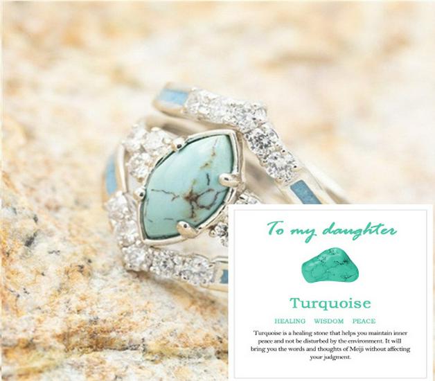 Retro Three-Piece Diamond and Turquoise Stackable Ring Set for Women