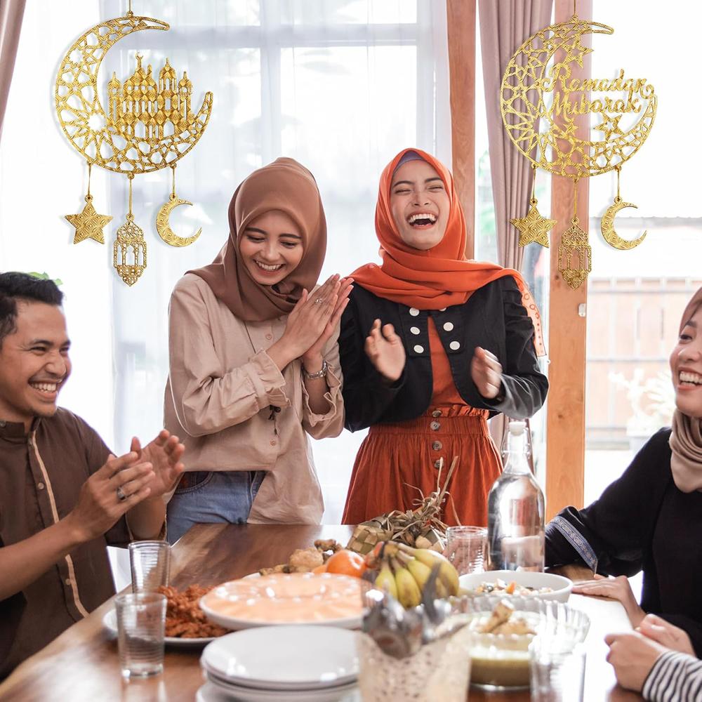 2pcs Wood Ramadan Decoration Islamic Moon & Hollow Star Wall Signs For Front Door Home Party Supplies