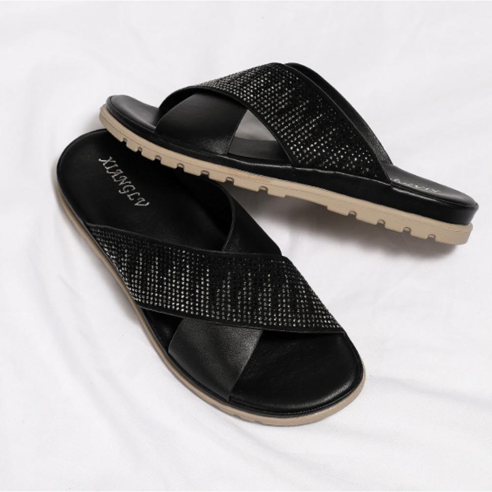 Slippers for Women 2026 New Flat Sandals Summer Rhinestone Comfortable Low Heel Slippers for Womens Luxury Sandals Ladies Shoes