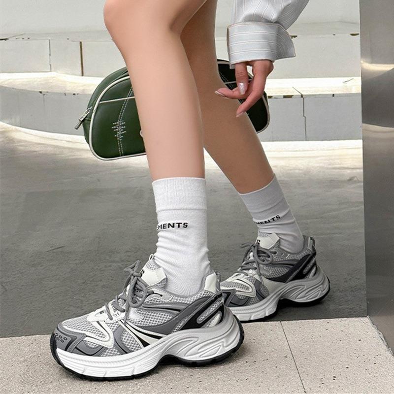 Thick Heel Thick Sole Color Matching Dad Shoes Women's Spring New Silver Retro Leather Breathable Casual Sports Shoes
