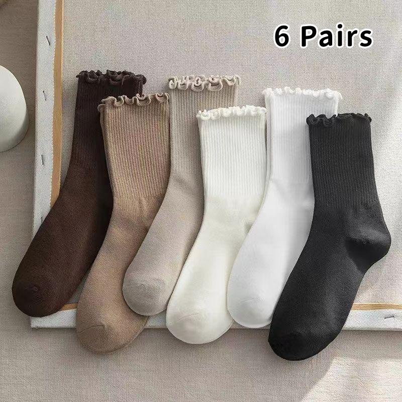 5/6 Pairs Women Anti Slip Lace Round Neck Socks Fashionable Lace Vertical Stripes Soft Comfortable Sweat Absorbing Casual Socks